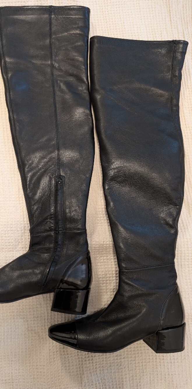 Zara Black Leather Over-the-Knee Boots with Patent Cap Toe